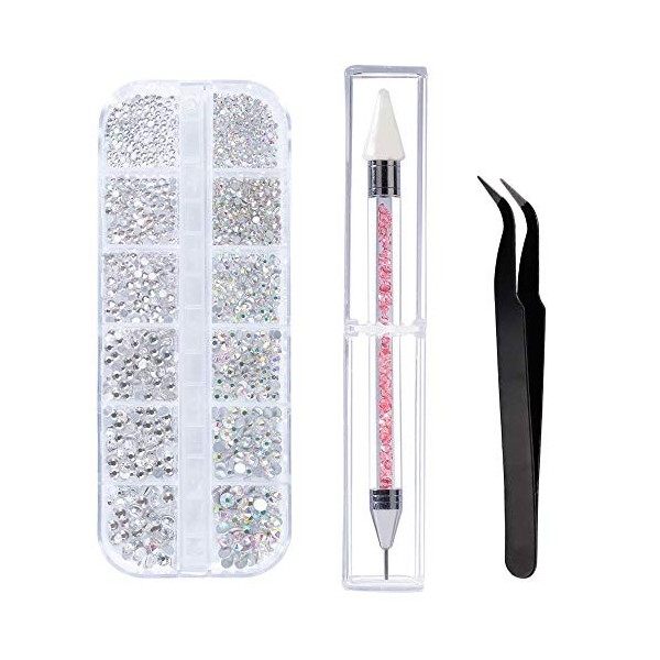 Strass pour Nail Art, 6 Tailles de Cristaux AB pour Nail Art Strass et Strass Transparents avec Pince à épiler et Stylo à Poi