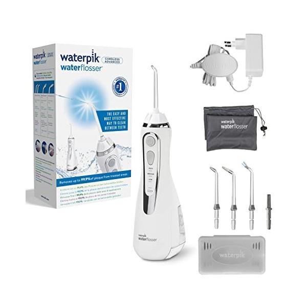 Waterpik - Hydropulseur Sans Fil Advanced, Jet Dentaire Portable Rechargeable, Élimine la Plaque, 3 Niveaux de Pression, Blan