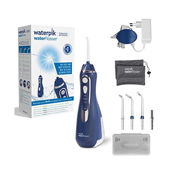 Waterpik - Hydropulseur Sans Fil Advanced, Jet Dentaire Portable Rechargeable, Élimine la Plaque, 3 Niveaux de Pression, Blan