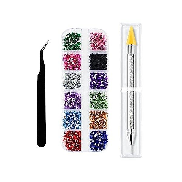 WeddHuis 1500 Pièces Strass Ongle Nail Art, 6 Tailles Cristal AB Strass Gemmes, Avec Pince à Epiler et Stylo à Pois, pour Ong