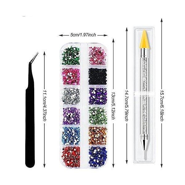 WeddHuis 1500 Pièces Strass Ongle Nail Art, 6 Tailles Cristal AB Strass Gemmes, Avec Pince à Epiler et Stylo à Pois, pour Ong