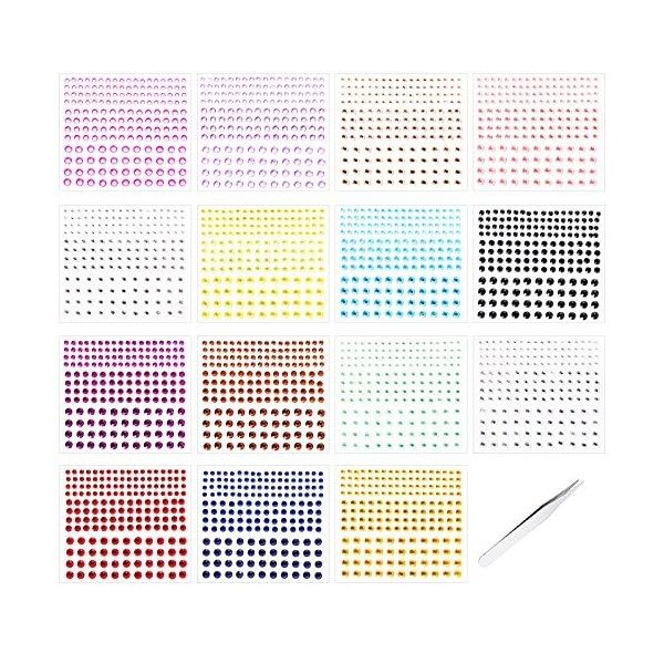 15 Feuilles Strass Autocollant Visage, 2580pcs Strass Cristal Auto-adhésif Diamant Rond Brillant Pierre Précieuse Adhésif ave