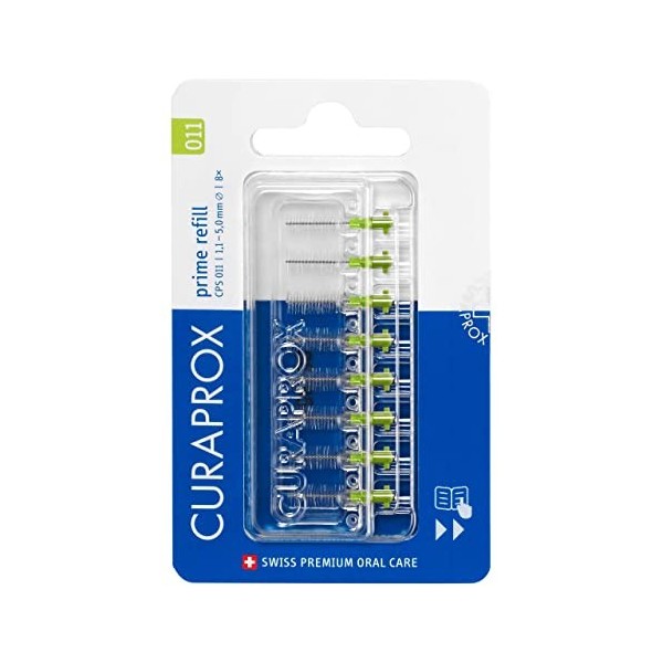 Curaprox brossettes interdentaires CPS 011 prime, Refill, 8 pièces, vert, 1,1 mm de diamètre, 5 mm defficacité, recharge, sa