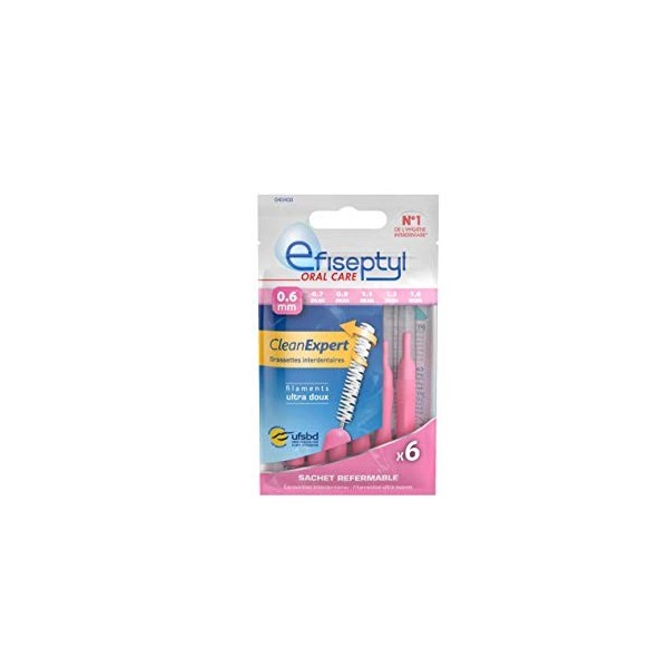 Efiseptyl - Brossettes Interdentaires Clean Expert 0,6mm - Sachet Refermable - Avec Traitement Antibactérien - Sachet de 6 Br