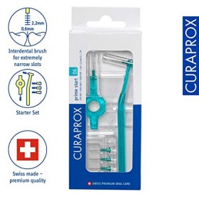 Curaprox Interdentalbürsten-Set CPS 06 prime start, Starterset mit 5 Bürsten, 2 verschiedene Halter, türkis, 0.6 mm Durchmess