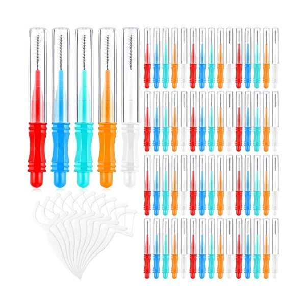 50 Pcs Brossettes Interdentaire avec 20 Pcs Fil Dentaires, Brosse Dentaire avec Couvercle Plastique Dent Brossette, Hygiene D