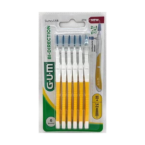 GUM BI-DIRECTION ISO 4 Lot de 6 brosses interdentaires pour le nettoyage des dents arrière/avant, diamètre 1,4 mm