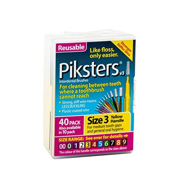 Piksters Interdental Brushes - pour se brosser les dents 40 Pack, Size 3 Yellow 