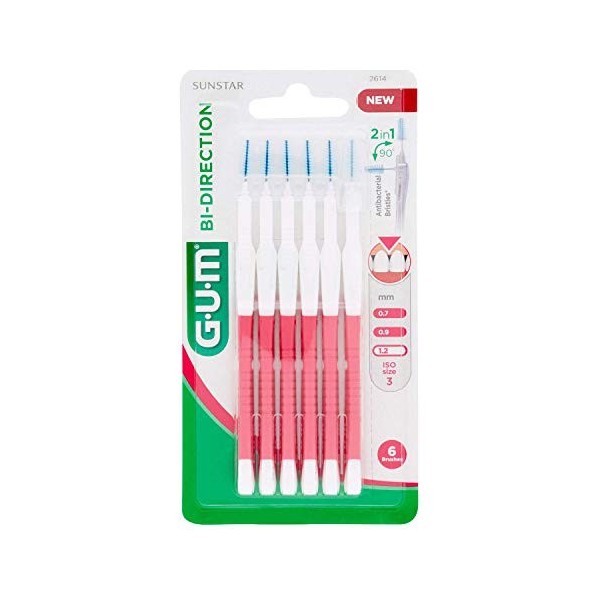 GUM Bi-Direction Lot de 3 paquets de 6 brossettes interdentaires Rose vif sapin 1,2 mm