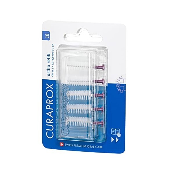 Curaprox brosses interdentaires CPS 18 ortho, Refill, 5 pièces, violet, 2 mm de diamètre, 8 mm defficacité, recharge sans su