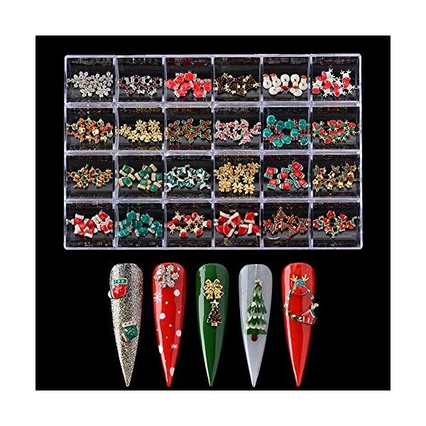 BAIYIYI Lot de 24 décorations de Noël pour nail art 3D - 24 styles / boîte de clous en métal pour décoration dongles de Noël