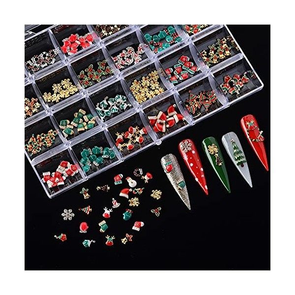 BAIYIYI Lot de 24 décorations de Noël pour nail art 3D - 24 styles / boîte de clous en métal pour décoration dongles de Noël