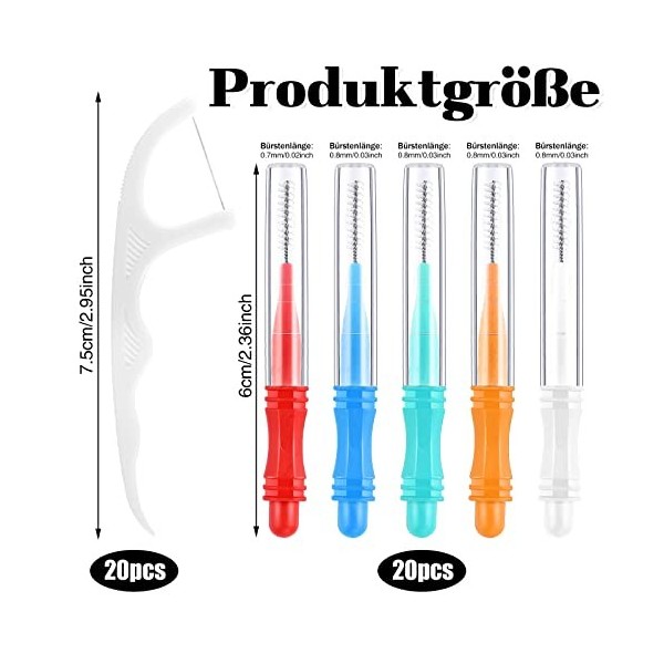 20 Brossettes Interdentaire + 20 Fil Dentaire, 0,7 mm Diamètre Brossette Dent Hygiène Interdentaire Interdental Brushes Netto