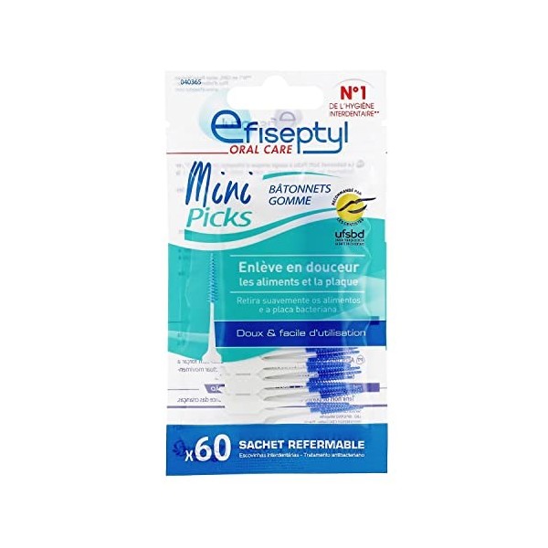 Efiseptyl - 60 Mini Picks - Bâtonnets Gomme - Doux et Facile dUtilisation - Sachet Refermable