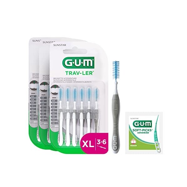 Brossette Interdentaire GUM TRAV-LER/Elimine 25% de Plaque dentaire en plus/Brins Recouverts dun Agent Antibactérien/Manche 
