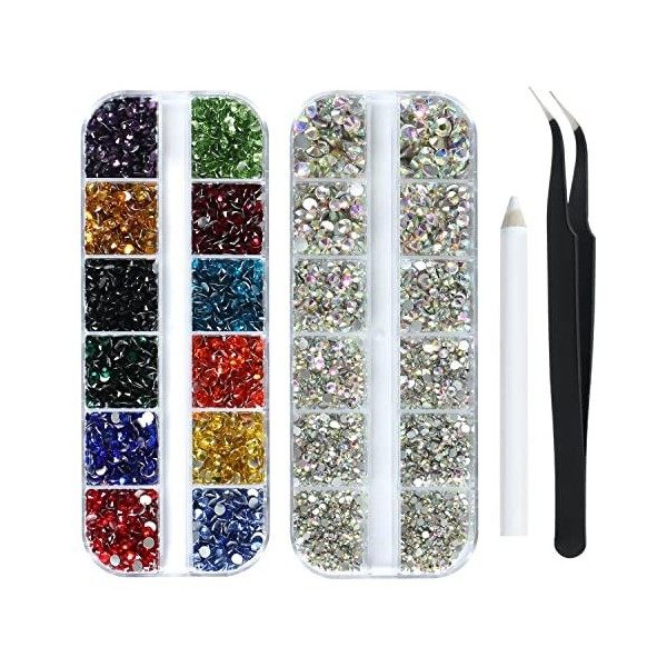 Lot de 4492 strass multicolores pour nail art avec pince à épiler et strass coloré 