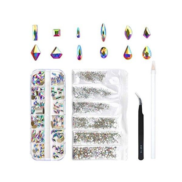 Lot de 4492 strass multicolores pour nail art avec pince à épiler et strass coloré 