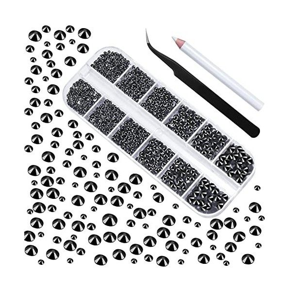 HUETFAT Lot de 2400 strass noirs à dos plat en strass ronds pour ongles 6 tailles 1,9 à 4,5 mm pour nail art, maquillage, c