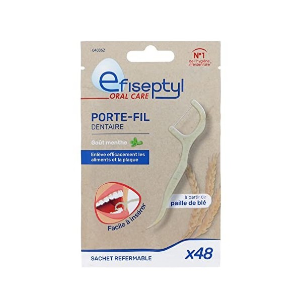 Efiseptyl - Porte-Fil Dentaire - À Partir de Paille de Blé - Goût Menthe - Facile à Insérer - Sachet Refermable - x48