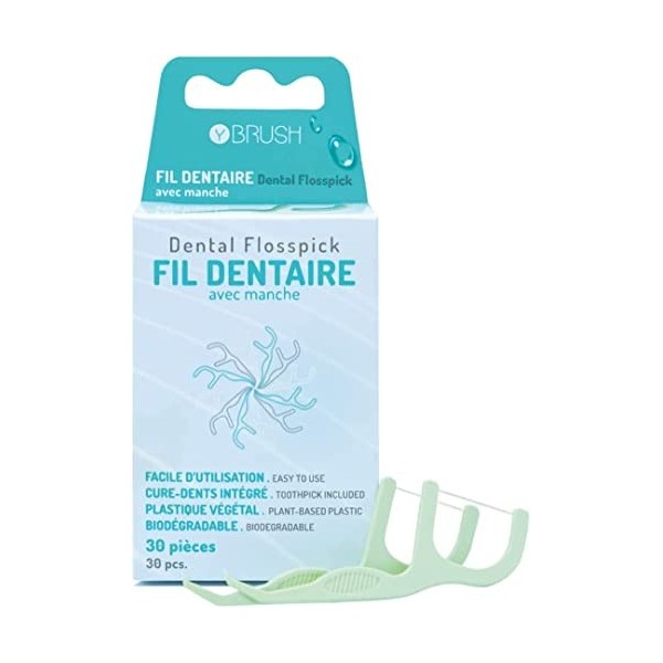 Fil dentaire avec manche biodégradable plastique végétal - 30 pièces- nettoyage et soin dentaires- cure dents intégré