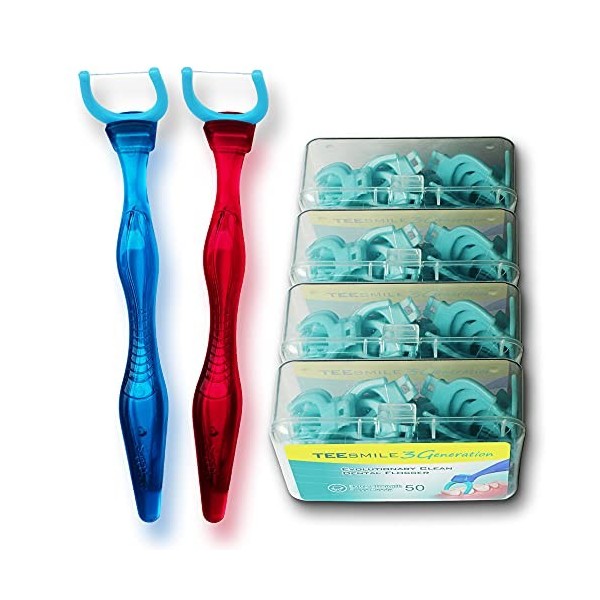 Porte-fil dentaire propre évolutif TEEsmile , 200 palmes de rechange de soie extrafortes + 2 supports mi-longs