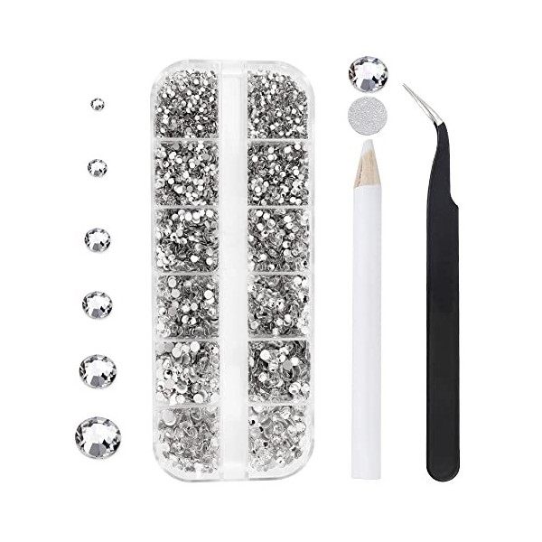 Lot de 3792 strass ronds à dos plat pour ongles, art, artisanat, maquillage, gobelets, avec pince à épiler et stylo de croche