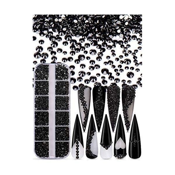 Warmfits 3600pcs Ensemble de strass à ongles Noir Strass Perles Gems pour ongles Forme Ronde Dos plat Gems Pierres Goujons 6 