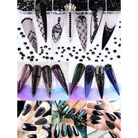 Warmfits 3600pcs Ensemble de strass à ongles Noir Strass Perles Gems pour ongles Forme Ronde Dos plat Gems Pierres Goujons 6 