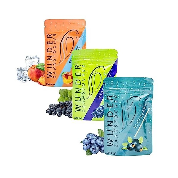 Wunder Cure-dents merveilleux - En 3 saveurs rafraîchissantes FRUIT CRUSH PACK - Cure-dents aromatisés - Alternative au chewi