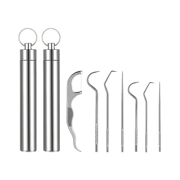 simarro Cure-Dents en métal, 7 pièces Set de Cure-Dents avec Support Réutilisable Soins dentaires avec Porte-clés Portable To