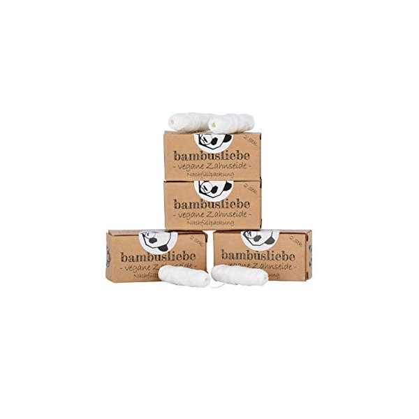 bambusliebe Lot de 4 paquets de fil dentaire végétalien avec soie de maïs – 4 paquets 8 rouleaux de 30 m – Avec cire de can