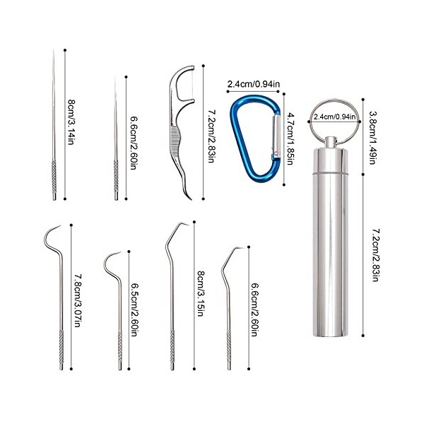Lot de 7 cure-dents en acier inoxydable 304, cure-dents en métal, cure-dents en titane, avec étui de support, pour nettoyage 