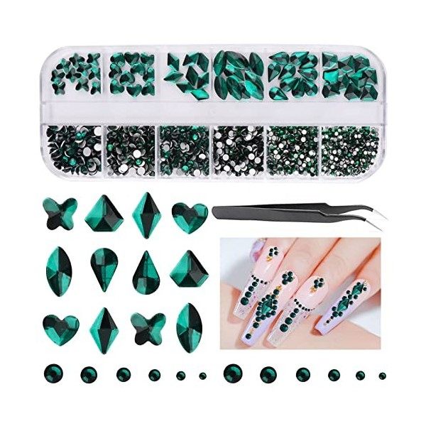 EBANKU Strass vert émeraude pour ongles cristaux à dos plat pour la Saint Patrick avec pince à épiler