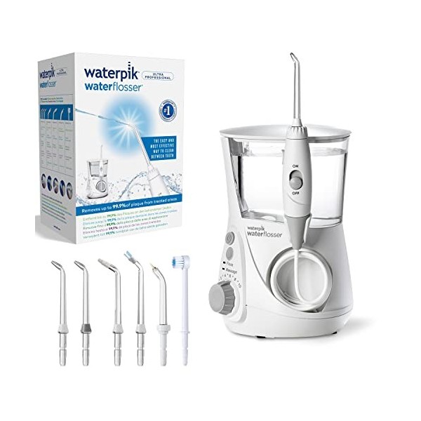 Waterpik - Hydropulseur Ultra Professional, Jet Dentaire avec 7 Embouts et 10 Niveaux de Pression, Élimine la Plaque, Blanc 