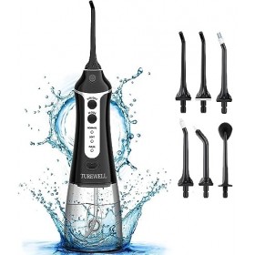 TUREWELL FC1591 Hydropulseur Jet Dentaire,Portable Irrigateur Oral avec 3 Modes et 5 Buses,USB Rechargeable et IPX7 Etanche,3