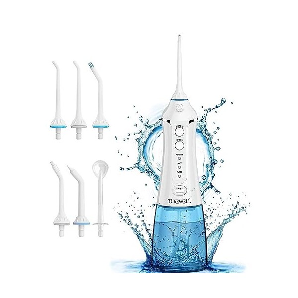 TUREWELL FC1591 Hydropulseur Jet Dentaire,Portable Irrigateur Oral avec 3 Modes et 5 Buses,USB Rechargeable et IPX7 Etanche,3