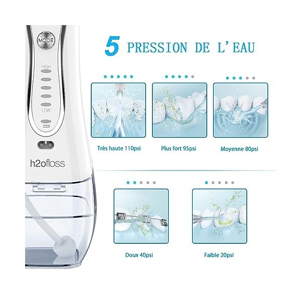 H2ofloss Hydropulseur Jet Dentaire Portable Irrigateur Oral Professionnel Sans Fil - Hydropulseur Dentaire Rechargeable, IPX7