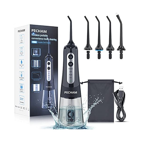 PECHAM Jet Dentaire Hydropulseur et Portable Irrigateurs Oral, Detartreur Dentaire Professionnel Water Flosser et 4 Modes IPX