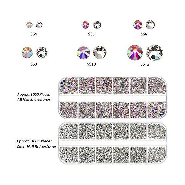 6120 Ensemble de Strass Cristal AB Cristal de Verre de Formes Multiples AB Strass, Comprenant 120 Cristaux d’Ongles et 6000 A