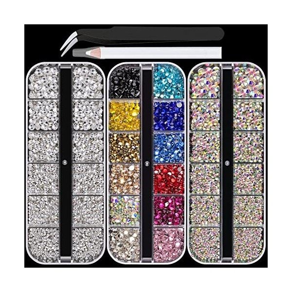 Kit de strass ronds à dos plat AB et transparent et de couleurs mélangées - Perles en cristal de verre de différentes tailles