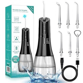 Hydropulseur Jet Dentaire Sans Fil Portable pour le Nettoyage Dentaire: Irrigateur Oral 5 Modes 6 Embouts Jet, 400ML IPX 7 Ét