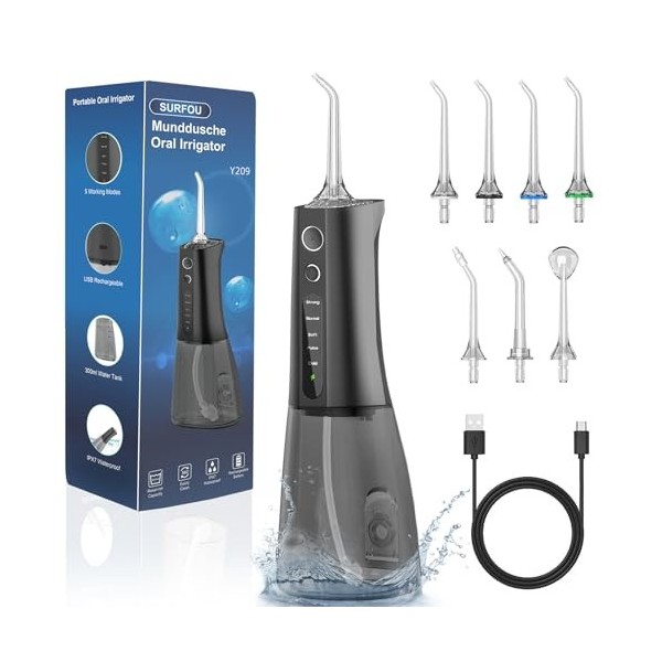 SURFOU Jet Dentaire Hydropulseur et Irrigateurs 5 Modes 7 Embouts, IPX7 Etanche, USB TYP-C Rechargeable et Réservoir Deau 30