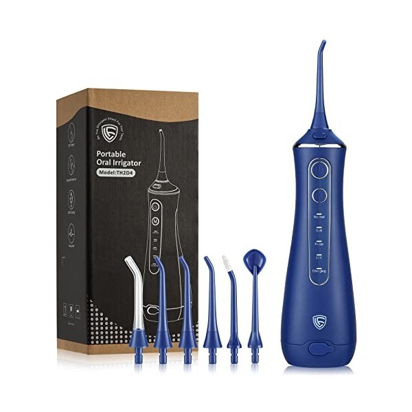 Hydropulseur jet Dentaire Portable - LF Irrigateur Oral Professionnel, IPX7 Etanche, 6 Buses à Jet, 4 intensités différentes 