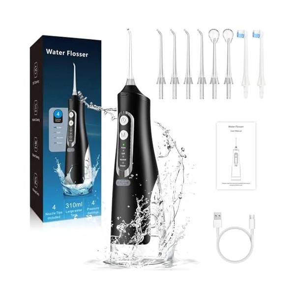 Hydropulseur Jet Dentaire avec 4 Modes et 8 Buses, 310 ML, USB Rechargeable et IPX7 Etanche, Irrigateur Oral Portable Water F