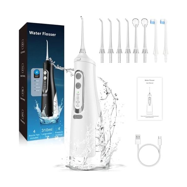 Hydropulseur Jet Dentaire avec 4 Modes et 8 Buses, 310 ML, USB Rechargeable et IPX7 Etanche, Irrigateur Oral Portable Water F