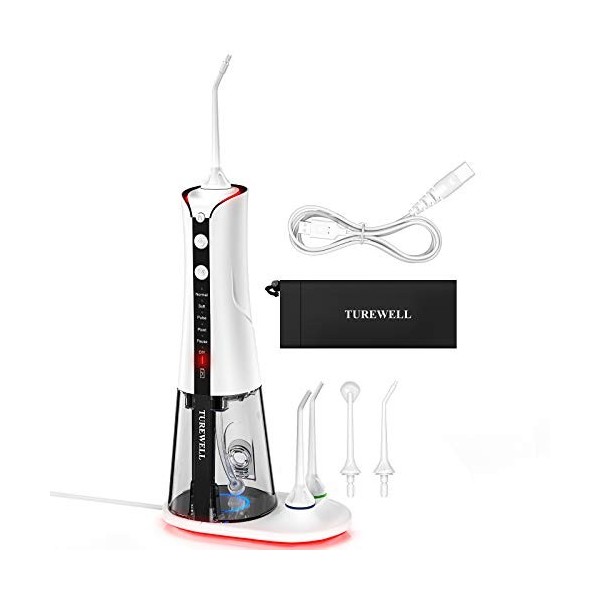 TUREWELL YXY-803 Jet Dentaire Hydropulseur,Portable Irrigateur Oral avec 6 Modes et 5 Buses,USB Rechargeable et IPX7 Etanche,