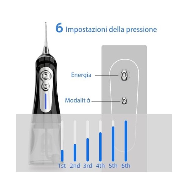 Hydropulseur dentaire portable NBGRLVS Professional avec 6 modes et 6 buses de rechange, réservoir deau de 320 ml, rechargea