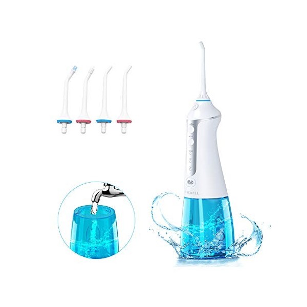 TUREWELL FC1591 Hydropulseur Jet Dentaire Portable, Irrigateur Oral Professionnel 300ML Electrique & Rechargeable IPX7 Etanch