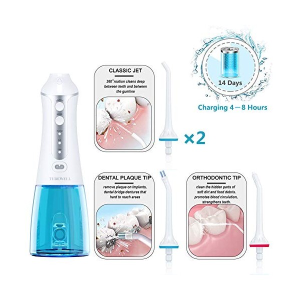 TUREWELL FC1591 Hydropulseur Jet Dentaire Portable, Irrigateur Oral Professionnel 300ML Electrique & Rechargeable IPX7 Etanch