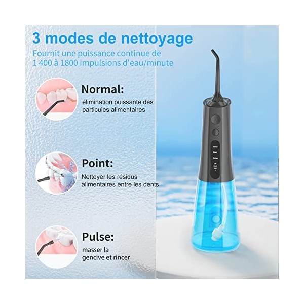 SURFOU Jet Dentaire, Hydropulseur Dentaire 3 Modes 6 Embouts de jet avec 4 réglages de Pression, Irrigateur Oral IPX7 Etanche